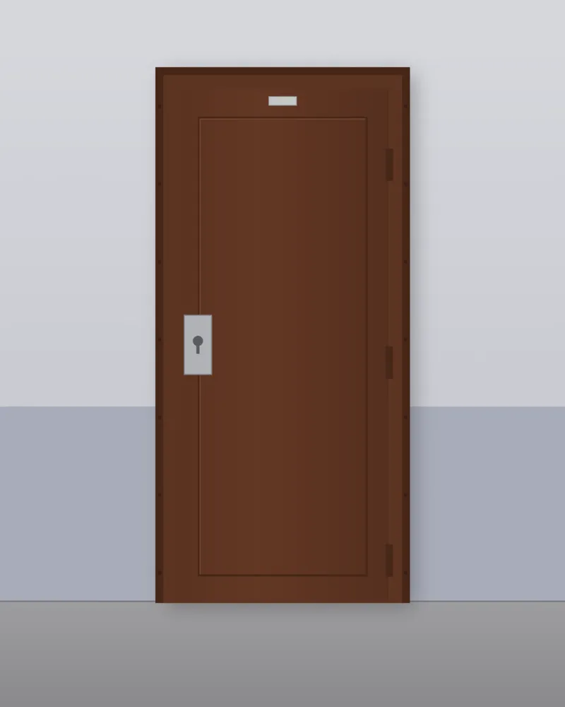 Illustration d'une porte anti-squat en acier marron avec boîtier de serrure, posée sur un palier